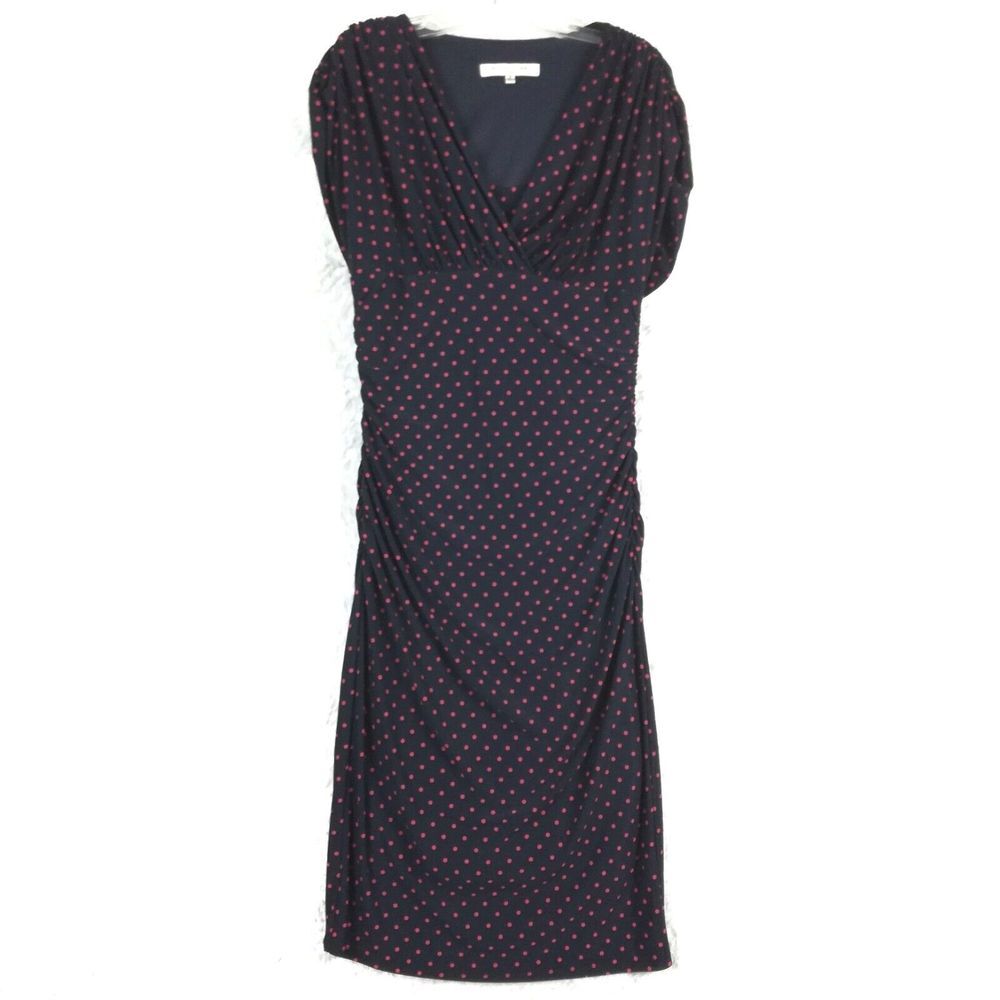 Evan-Picone Womens Dress Midi Sheath Navy Red Polkadot Cowl Sleeve Rouched 8 New